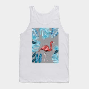 Flamingo with tropical leaves and a gray background Tank Top